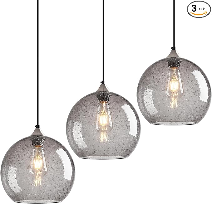 Light Grey Glass Pendant Lights Kitchen Island Globe Pendant Light Fixtures Modern Pendant Lighting for Bedroom Living Dining Room Light Fixture (9.84 in, 3 Pack)