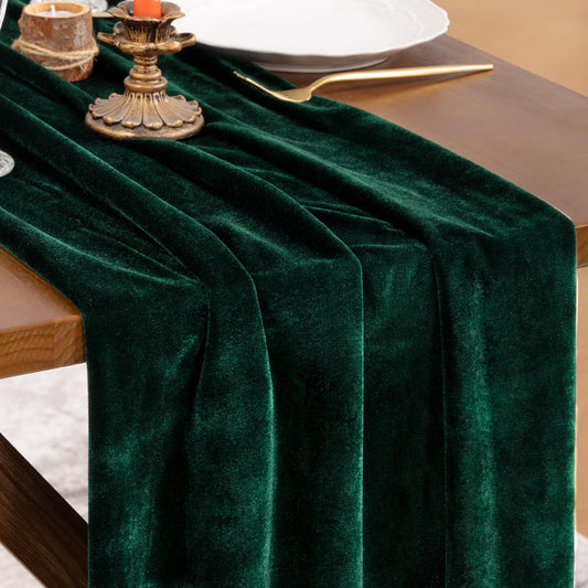 Socomi Green Velvet Table Runner Christmas Cloth Decor 20 x 120 Inches 10ft Fabric Emerald Green Luxurious Thanksgiving Wedding Runner for New Year Bridal Shower