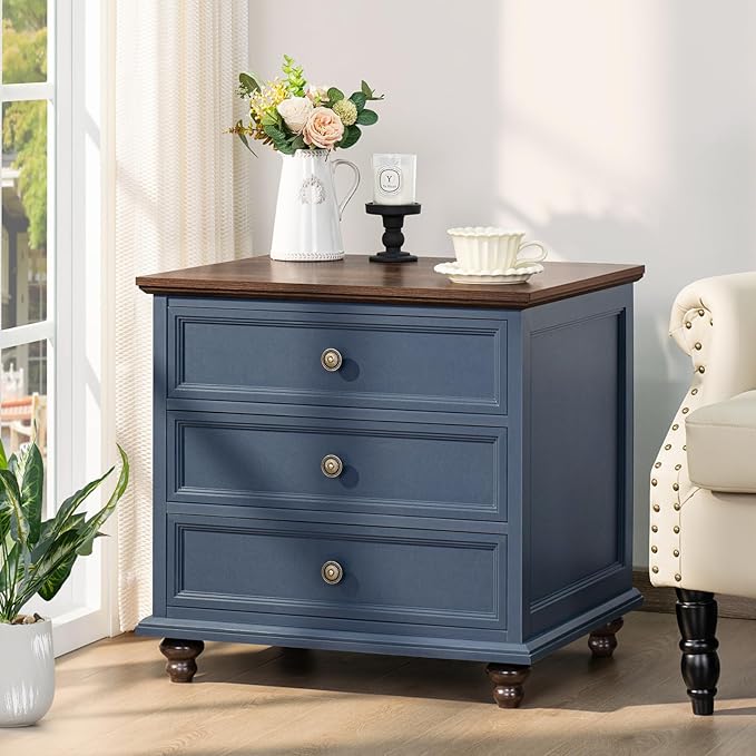 24" Wide Farmhouse Night Stand Set of 2,Large End Table with 3 Drawers & Metal Handle,Blue Dresser for Bedroom,Bed Side Table Chest of Drawers Cabinet,Wood Nightstand for Living Room,Closet