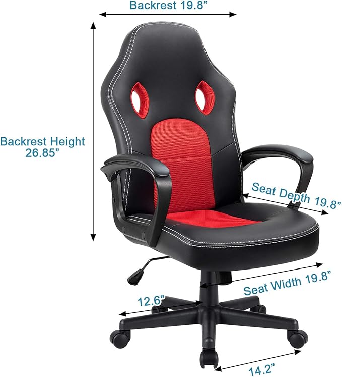 Furmax Red Gaming Chair, Adjustable Swivel Desk Chair with Padded Armrests and Lumbar Support, Leather and Mesh Design