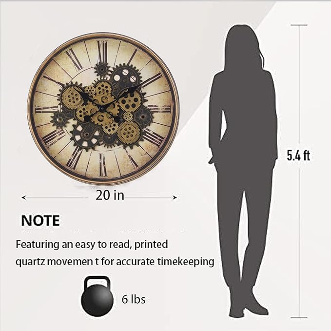 20 Inch Bronze Yellow Steampunk Wall Clock with Decorative Gears, Industrial Vintage Analog Clock for Living Room, Farmhouse, Office Decor, Silent Non-Ticking Battery Operated