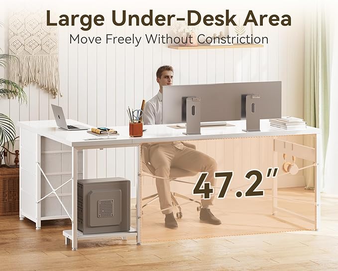 ODK 61'' L Shaped Desk with 4 Drawers, Reversible Corner Desk with Storage, Gaming Table with Power Outlets, USB Ports, PC Case Shelf, Computer Desk for Home Office, Study, Easy Assembly, White