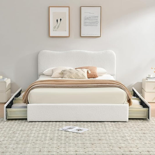 VELOCAVA Queen Size Upholstered Bed with 4 Storage Drawers, Modern Upholstered Bouclé Platform Frame with Curved Headboard, Sturdy Wood Slats, Rounded Corners, No Box Spring Needed, Cream White