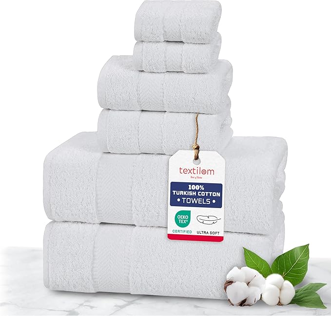 TEXTILOM 100% Turkish Cotton 6 Pcs Bath Towel Set, Luxury Bath Towels for Bathroom, Soft & Absorbent Bathroom Towels Set (2 Bathtowels, 2 Hand Towels, 2 Washcloths)- White