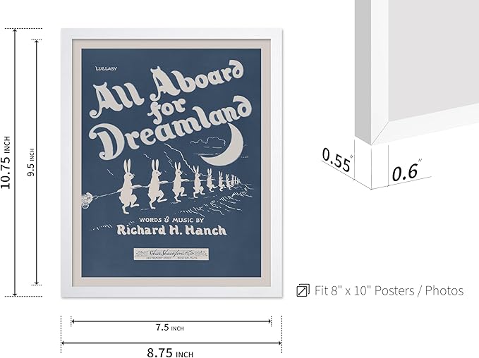 Poster Master All Aboard For Dreamland Poster - Retro Children's Lullaby Print - Story Book Art - Bunny Art - Rabbit Art - Aesthetic Art - Kid's Bedroom or Nursery Wall Decor, 8x10 White Framed