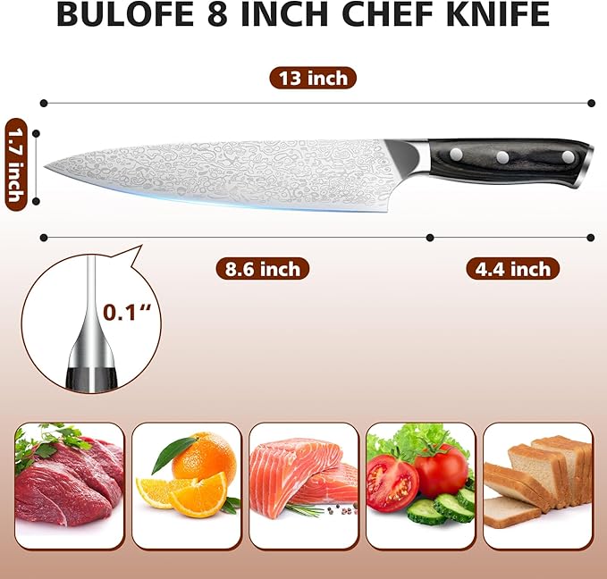 8 Inch Chef Knife, Kitchen Knife with Sharpener and Finger Guard, Professional Steel Sharp Chef's Knife Set with Ergonomic Handle, Gifts for Mom/Dad, Black