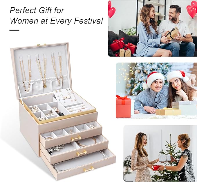 Jewelry Boxes for Women, Large Jewelry Storage Boxes, 4-Layer Leather Jewelry Organizer with 3 Drawers, Jewelry Display Case Gift for Women Girls, Apricot