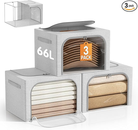 3 Pack Clothes Storage Bins with Metal Frame, Stackable & Foldable Linen Storage Box with Lids, Closet Organizers And Storage For Bedding, Blanket, Sweater, Baby Clothes. (Large 66L)