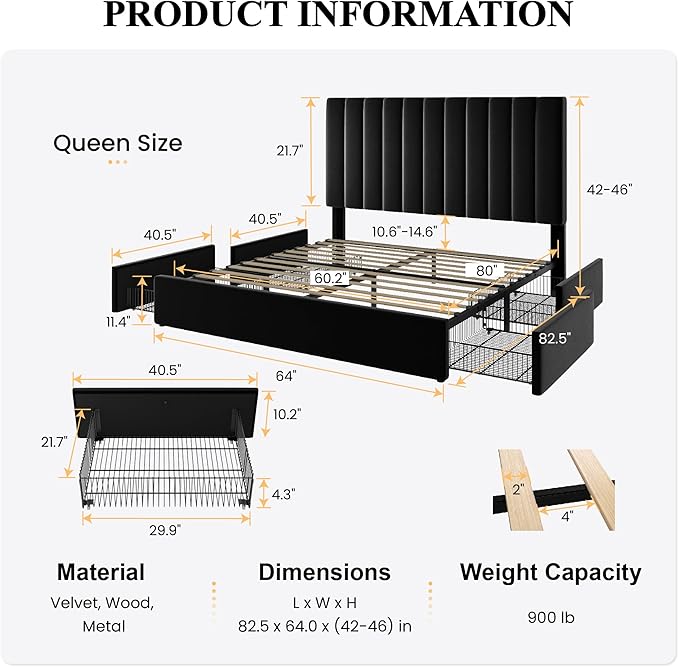 SHA CERLIN Queen Size Platform Bed Frame with 4 Storage Drawers, Vertical Channel Tufted Adjustable Headboard, Velvet Upholstered, Wooden Slats Support, No Box Spring Needed, Easy Assembly, Black