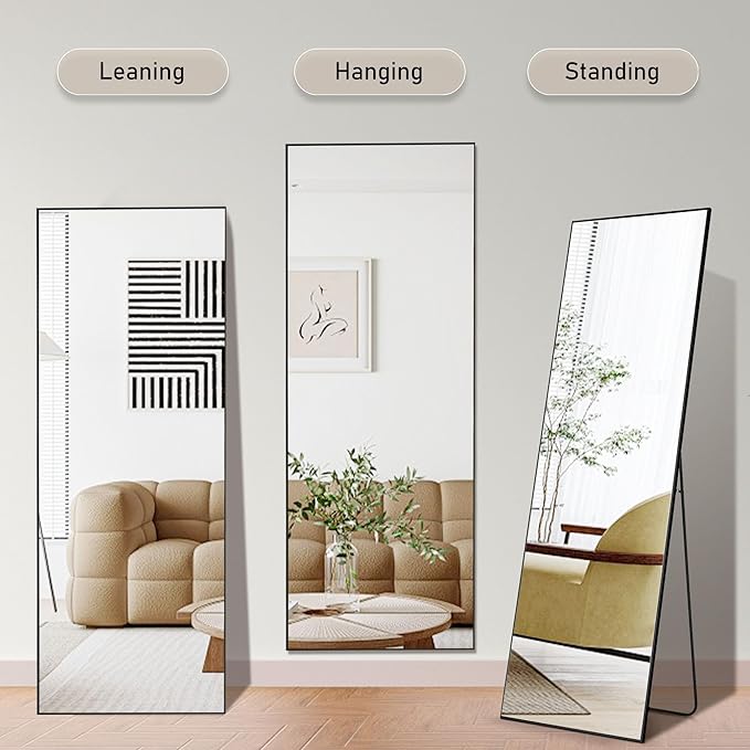 OLIXIS Full Length Mirror 64"x 21" for Bedroom, Full Body Mirror with Stand, Hanging or Leaning for Wall, Aluminum Alloy Thin Frame Floor Standing for Living Room, Long, Black