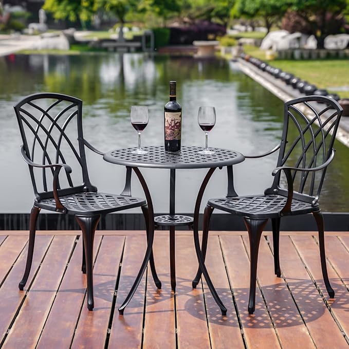 Bistro Set 3 Piece Outdoor,Cast Aluminum Outdoor Bistro Set,All Weather Bistro Table and Chairs Set of 2 with 1.97" Umbrella Hole,Patio Bistro Sets for Garden(Woven Black)