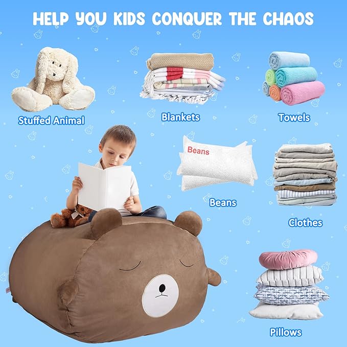 GAGAKU Stuffed Animal Bean Bag Cover Toy Storage, 24 Inches Kids BeanBag Brown Bear Large Zipper Bean Bag for Organizing Kids Plush Toys Home Supplies