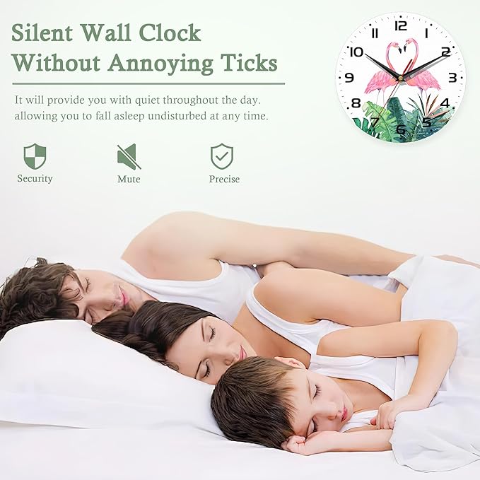Flamingos Wall Clock Couple Flamingo Pink Clocks for Living Room Wall Clocks Battery Operated Silent Non-Ticking Decorative for Home Kitchen Bathroom Living Room Bedroom Office 10 Inch