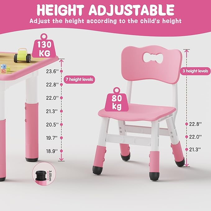 Brelley Kids Table and 2 Chairs Set, Height Adjustable Toddler Desk and Chair Set, Graffiti Desktop, Classroom/Daycare/Home, Children Multi-Activity Table for Ages 2-8