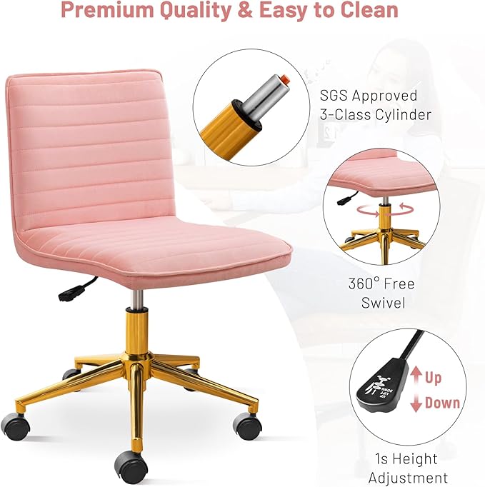 Furniliving Armless Vanity Chair with Wheels, Computer Rolling Desk Chair with Back, Height Adjustable Soft Velvet Fabic Gold Metal Base Stool,Pink