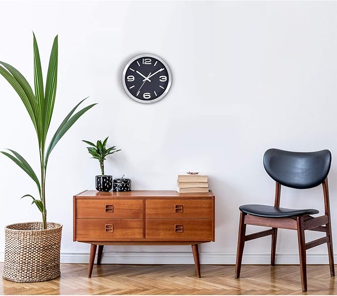 Bernhard Products Modern Wall Clock 10 Inch Black & Silver Silent Non Ticking Battery Operated Metal Round Elegant Quality Quartz, Kitchen Home Office Clock with 3D Numbers, Easy to Read
