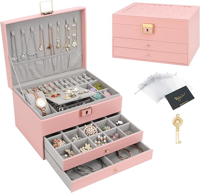 DesignSter Jewelry Box, Jewelry Organizer with 2 Drawers, 3 Layers Leather Jewelry Storage Box with Lock, Jewelry Storage Case for Necklaces Earrings Bracelets and Rings（Pink）