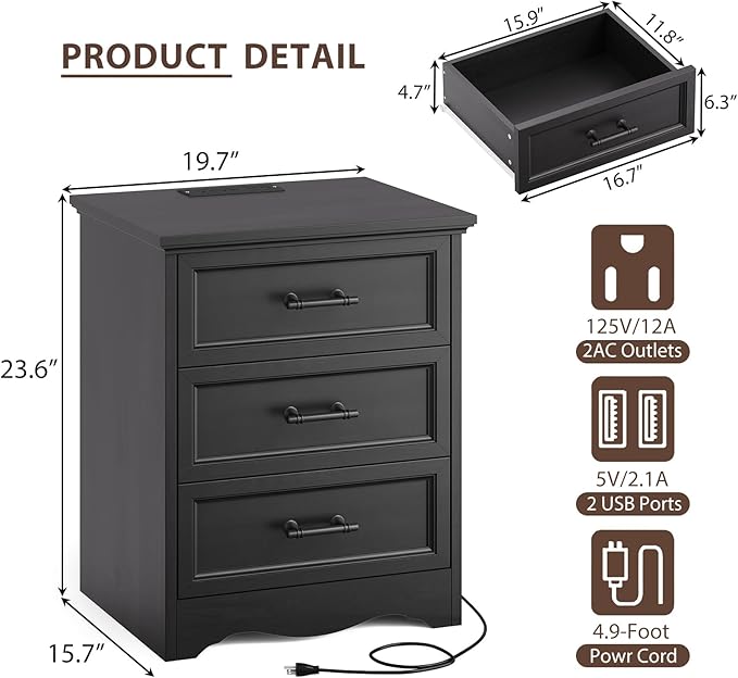 Farmhouse Nightstand with Charging Station, Black Wood Bedside Table & End Table with 3 Drawers and Unique Base Design, Side Table Storage Cabinet with Metal Handles for Bedroom, Living Room