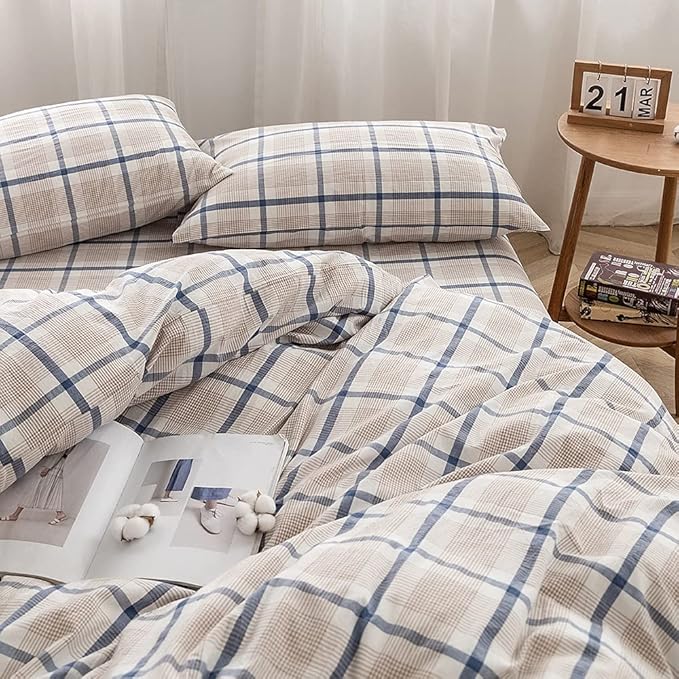 FACE TWO FACE Bedding Duvet Cover Set100% Washed Cotton Duvet Cover Linen Like Textured Breathable Durable Soft Comfy (Twin, Blue Grid)