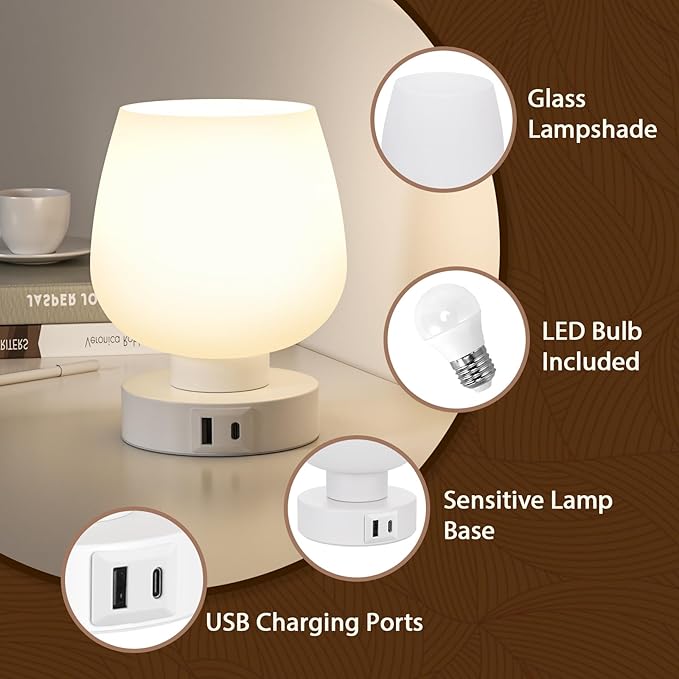 Touch Table Lamp for Nightstand Set of 2 - Bedside Lamp with USB C+A Charging Ports for Bedroom Living Room Night Stands, Desk Lamp with White Glass Shade for Small Spaces, 3 Way Dimmable