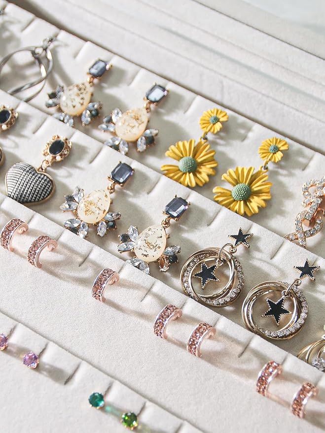 Coward Earring Organizer Tray Box, Beige Velvet Earring Jewelry Display Storage Tray Case with Transparent Glass Lid for Home Drawer or Shop Selling