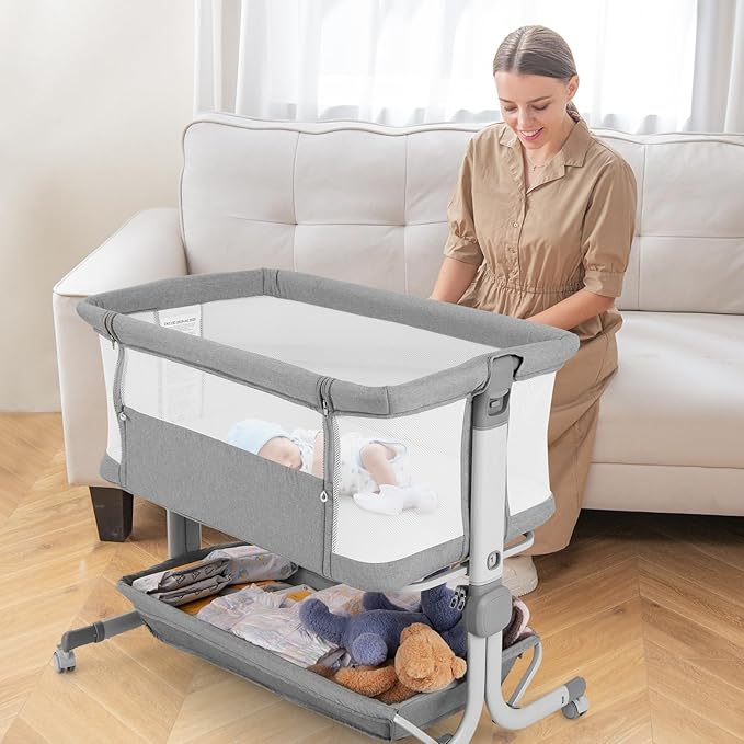 INFANS 3 in 1 Baby Bassinet, Bedside Sleeper with Comfy Mattress, Wheels, 6 Height Adjustable, Storage Basket, Travel Bag, Portable All Mesh Crib for Newborn Infant (Gray)