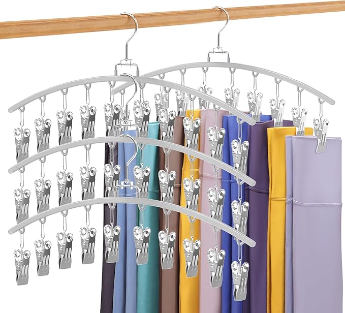 4 Pack Legging Organizer for Closet, Metal Gym Clothes Organizer w/40 Clips Holds 40 Leggings, Scarf Hangers Space Saving, Closet Organizers and Storage, Room Organization Essentials, Grey