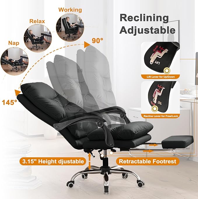 Office Chair with Retractable Footrest, Heavy-Duty Ergonomic Chair, Adjustable Height High Back Computer Gaming Chairs