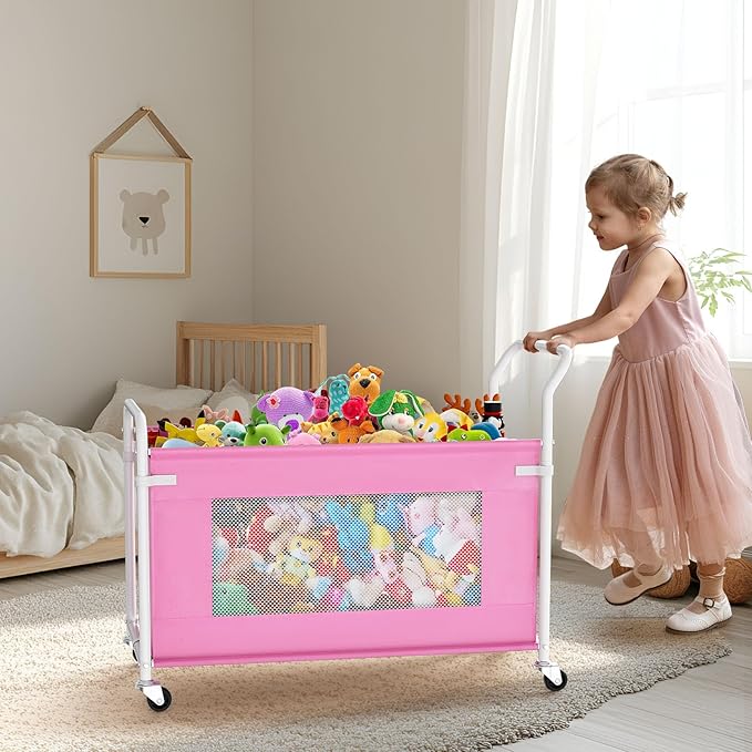 KEEGH Extra Large Toy Box for Kids with 360° Rotating Wheels, Heavy Duty Toy Chest for Boys and Girls, Toy Storage Organizer for Kids, Toy Bins for Living Room, Nursery, Bedroom (Pink)