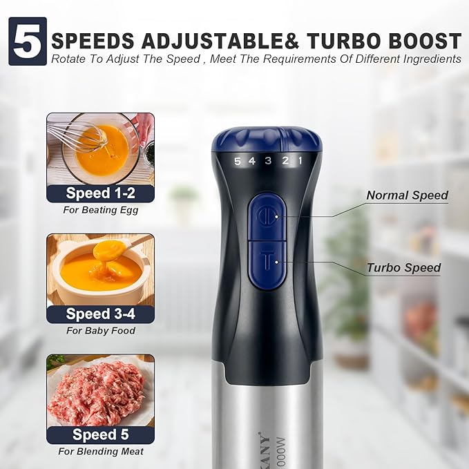 Immersion Blender, 5 Variable Speeds & Turbo, 4-In-1 Stainless Steel Handheld Blender Stick Mixer with Egg Whisk, Beaker & Chopper Bowl