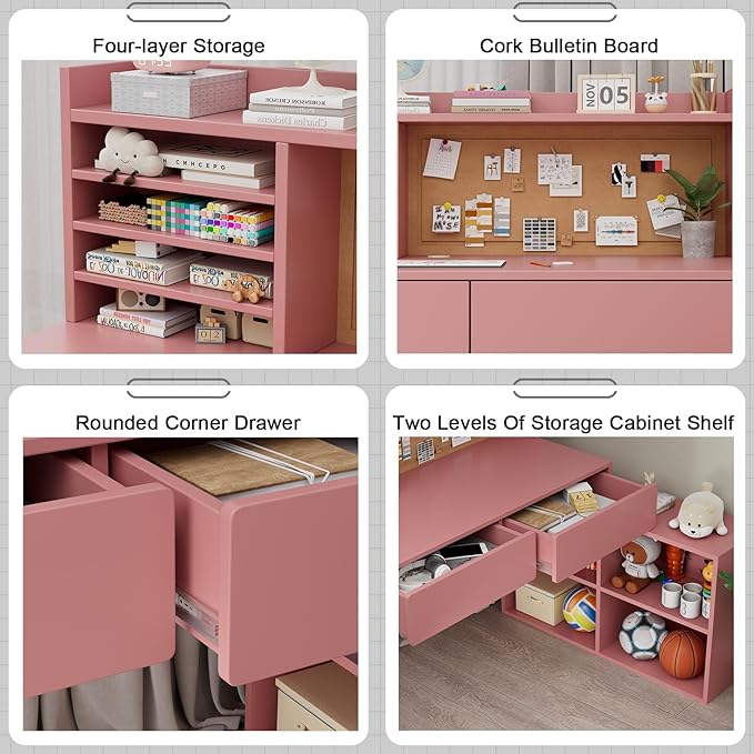 Pink Kids Desk and Chair Set, Kids Study Table and Chair Set with 2 Drawers & 4 Cabinets, Kids Study Desk with Removable Large Storage Cabinet,Girls Study Desk for Kid for Bedroom-vDkR36