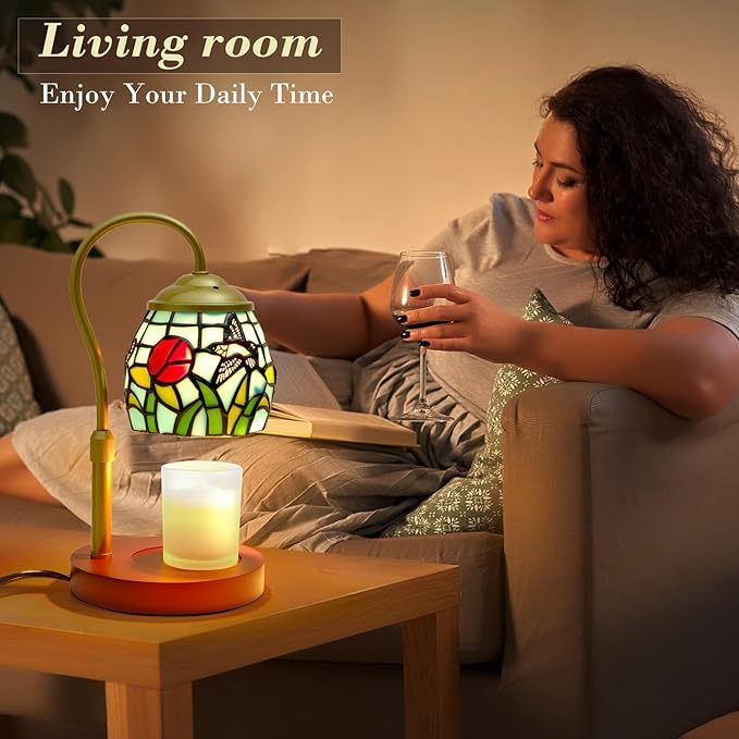 Candle Warmer Lamp with Timer Dimmer, Adjustable Height Candle Warmer for Jar Candles, Birthday Gifts for Women New Home Bedroom Decor Tiffany Hummingbird Style Stained Glass with 2 Bulbs