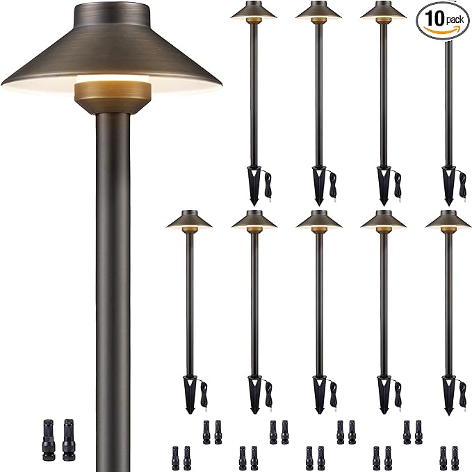 Solid Brass Landscape Path Lights - 12V Low Voltage Pathway Light IP65 Waterproof, Outdoor Walkway Fixture Hardwired, Hat-top Antique Bronze for Patio Lawn G4 Bulb Not Included (10 Pack)