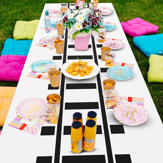 3 Pcs Train Party Decorations Railroad Track Tablecloths Train Birthday Party Supplies 54 x 108 Inch Plastic Table Covers for Railroad Track Western Theme Birthday (White)