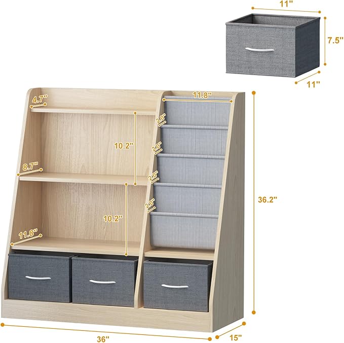 Kids Bookshelf Wood Montessori Toy Storage Organizer Cabinet Shelf Child Bookcase Toddler Baby Sling Book Rack 3 Cube Bin Fabric Drawers for Playroom Bedroom Nursery School