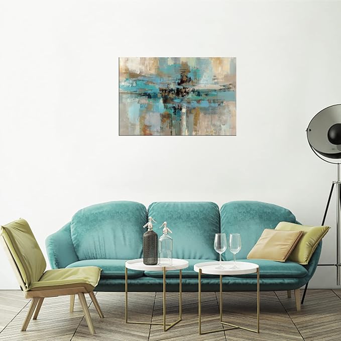 DZL Art A74769 Canvas Prints Abstract Wall Art Print Paintings Blue and Brown Stretched Canvas Wooden Framed for Living Room Bedroom and Office Home Decor Artwork