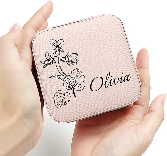 Personalized Jewelry Boxes for Women, Custom Travel Jewelry Case with Name and Birth Flower Month, Portable Jewelry Box Organizer for Mom Birthday Gifts (Non-Customized pink)