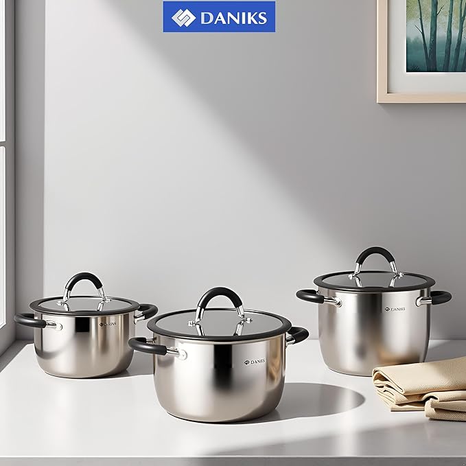Daniks Orlando 6-Piece Stainless Steel Induction Cookware Set – Dishwasher Safe Pots with Heatproof Handles, Glass Lids, Measuring Scale, Silver