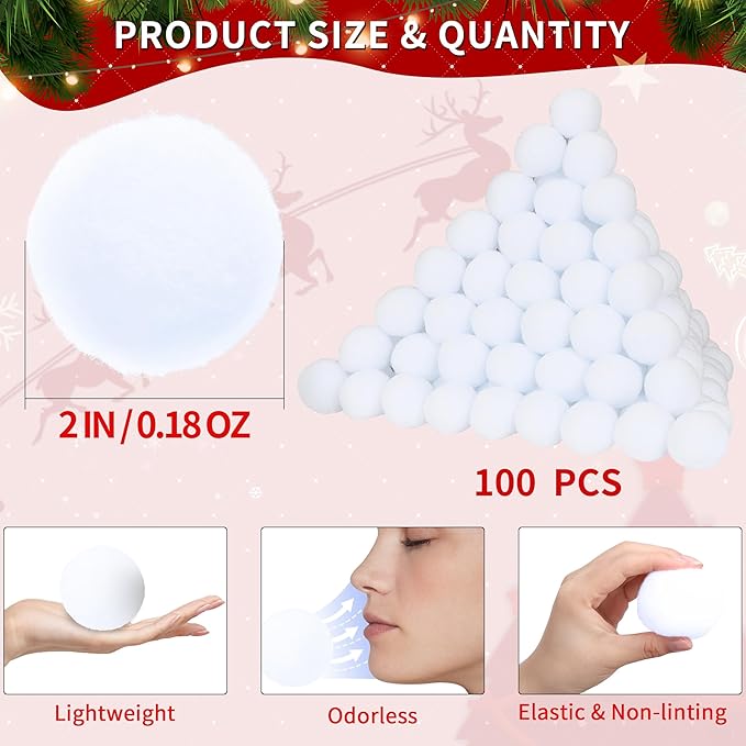 100 Pack Snow Fake Balls, Soft Artificial Snow Toy Balls, Indoor Snow Fight Ball Set for Multiplayer Outdoor Parent-Child Throwing Game Winter Home Christmas Decorations DIY Party Gift