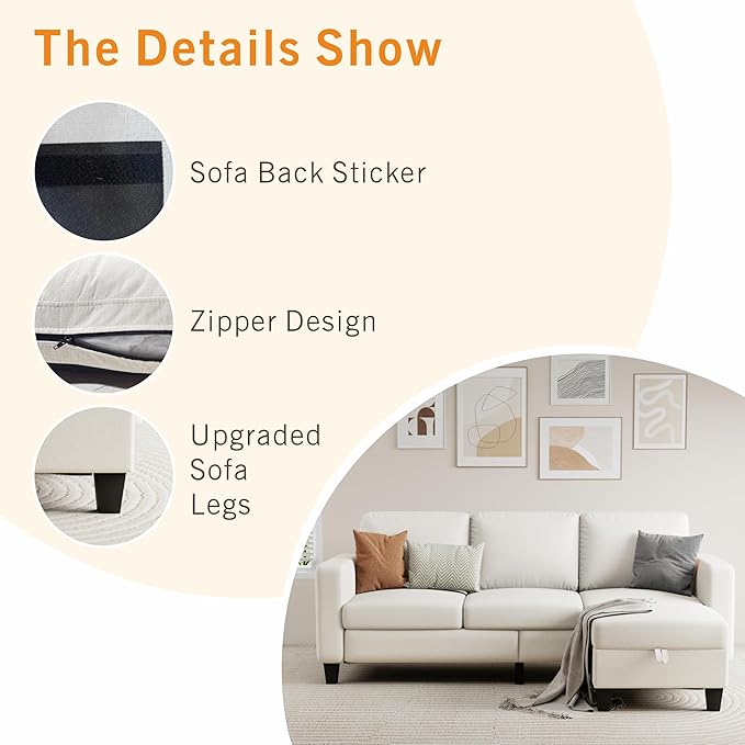 Sectional Sofa Couches for Living Room - Beige 3 Seat L-Shaped Couch with Storage Ottoman, Comfy Fabric Convertible Sectionals Sofas with Chaise for Apartment, Office, Small Space