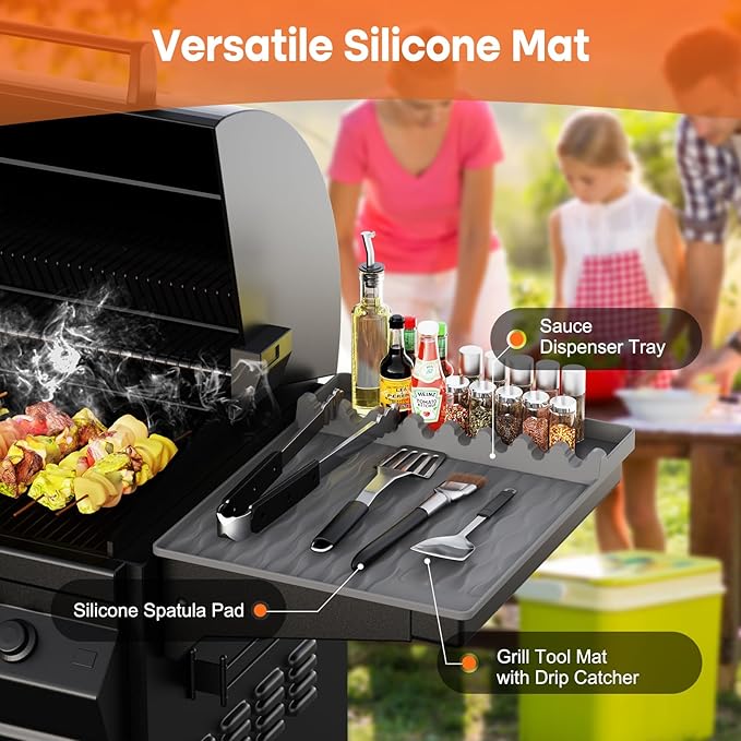 Silicone Griddle Tools Mat with Drip Pad for Blackstone – Non-Slip Spatula Rest & Side-Shelf Mat for Outdoor Grill Kitchen Counter, Heat-Resistant Grill Pad, Blackstone Griddle Accessories（Gray）