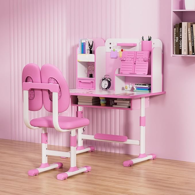 Kids Desk and Chair Set, Height Adjustable Kids Study Table and Chair Set, Children School Desk with Storage Drawer and Book Stand, Ergonomic Child Toddler Deskwith Sitting Posture Corrector (Pink 6)