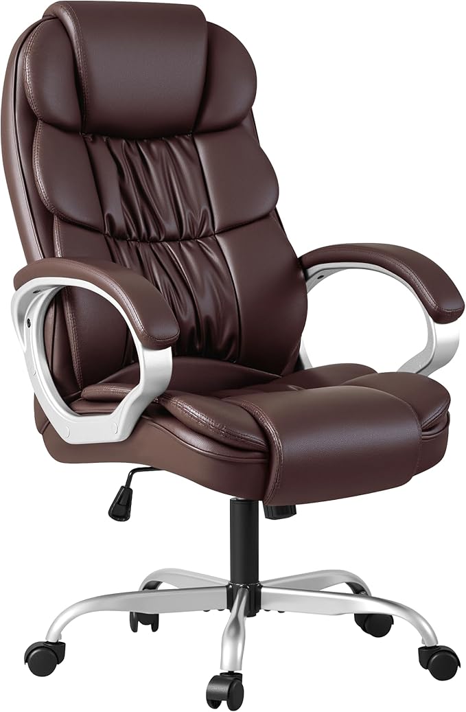 Homall Office Chair High Back Computer Chair Ergonomic Desk Chair, PU Leather Adjustable Height Modern Executive Swivel Task Chair with Padded Armrests and Lumbar Support (Brown)