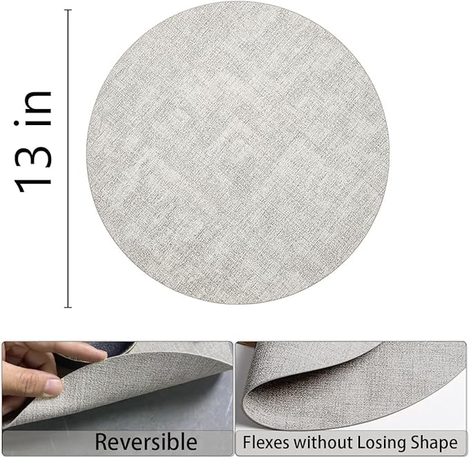 Round Placemats Set of 8, Reversible Faux Leather Waterproof and Heat Resistant Place Mats, Beige Oilproof Wipeable Washable Table Protective Placemats for Indoor & Outdoor