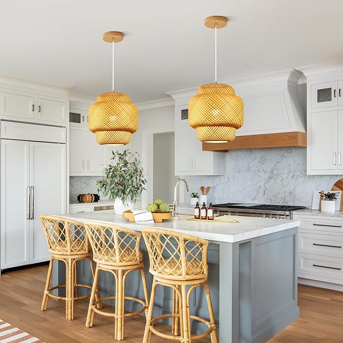 15.7inch Bamboo Pendant Light, Boho Chandelier Hand-Woven Wicker Rattan Hanging Ceiling Lighting, Rustic Farmhouse Pendant Lamp for Kitchen Island, Dining Room, Bedroom, Living Room, Foyer