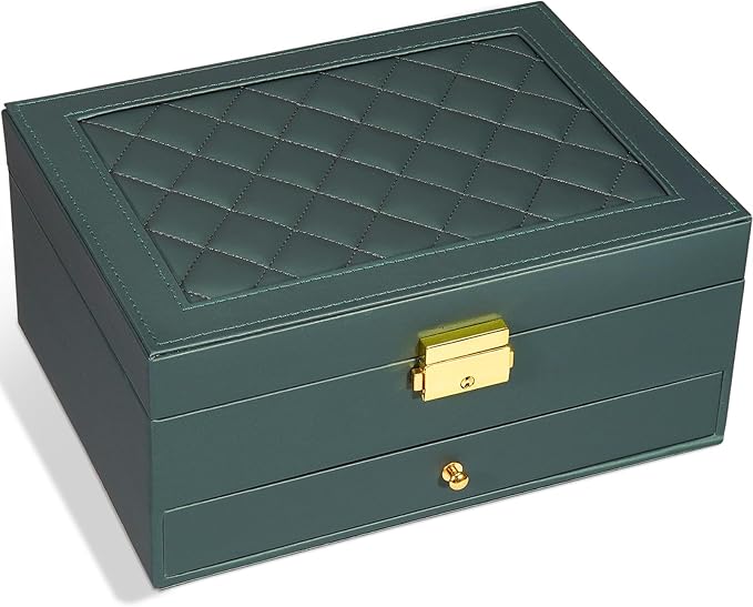Jewelry Box for Women Girl Wife - Large PU Leather Jewelry Organizer Storage Case with Two Layers Display for Earrings Bracelets Rings Watches (Hunter Green)