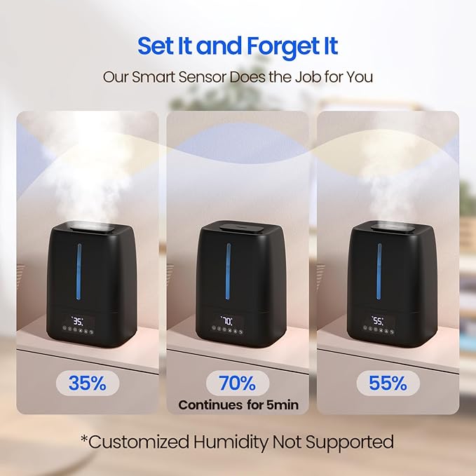 6L Top Fill Ultrasonic Humidifier - Cool and Warm Mist for Bedroom, Baby, Large Rooms & Plants, Smart Humidity Control, Aroma Diffuser, Night Light, 12H Timer, Quiet, Black