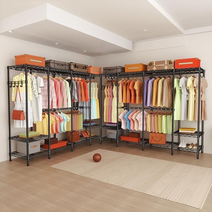 Heavy Duty Garment Rack Clothes Rack,Large Metal Closet Organizer System Storage Wardrobe,Freestanding Clothing Rack with Adjustable Wire Shelves& Hang Rods,MaxLoad 1000lbs