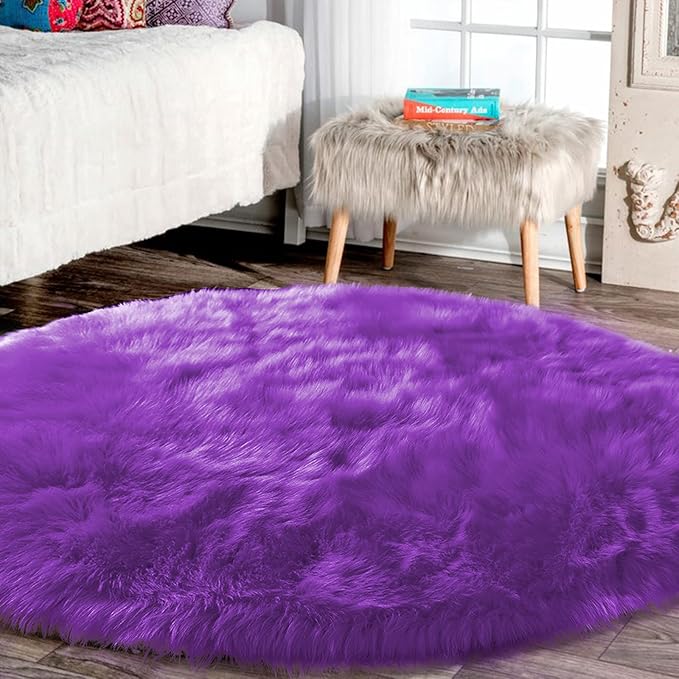Latepis Round Area Rugs 6ft Washable Fur Rugs for Bedroom Purple Faux Sheepskin Rug Fluffy Shag Rug for Living Room Soft Shaggy Rug Dorm Room Decor
