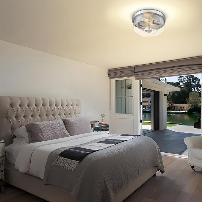 Brushed Nickel Flush Mount Ceiling Light, 2-Light Hallway Light Fixtures, Modern Farmhouse Farmhouse Ceiling Light Clear Glass for Kitchen Porch Entryway Indoor Outdoor
